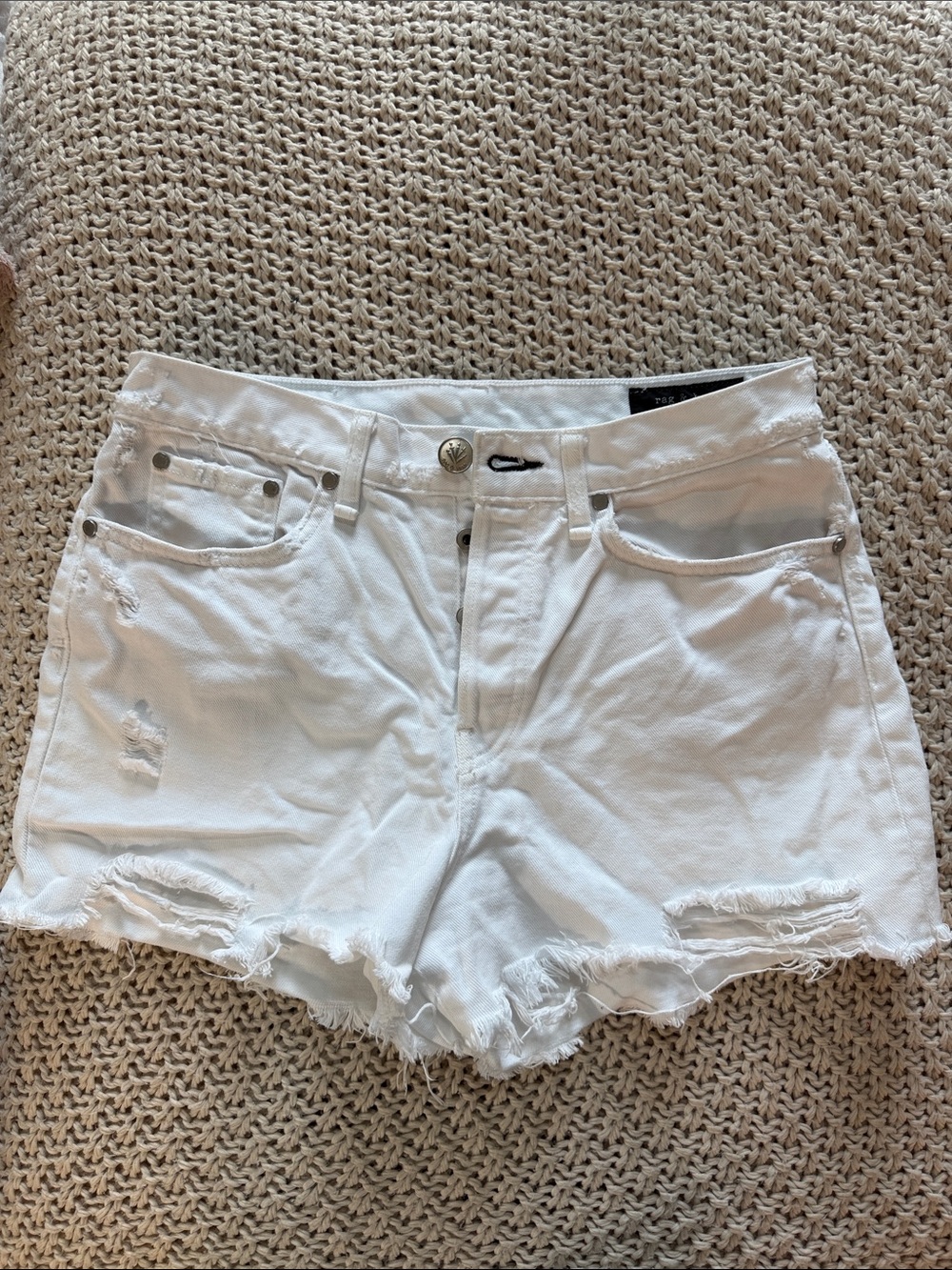 rag & bone White Distressed High-Rise Denim Shorts